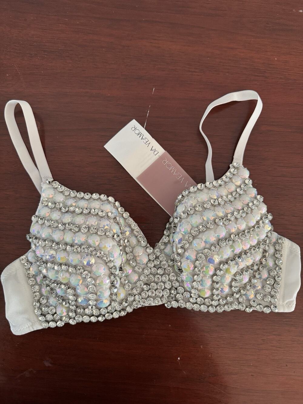 NWT Da Veamor Embellished Bralette Size Medium White Rhinestone